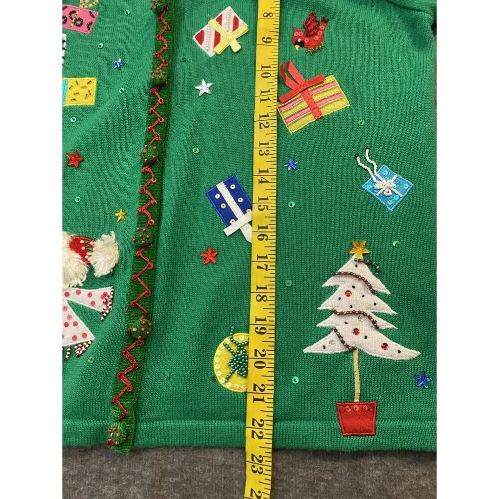 Berek Cardigan Sweater Womens Medium Green Santa Christmas Tree Beaded Ugly - Picture 8 of 11